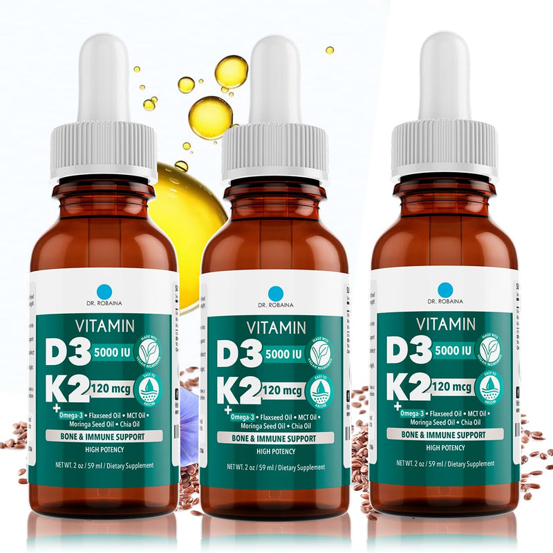 Dr. Robaina Vitamin D3 + K2 Drops – Vegan MCT Oil Liquid Supplement, 5000 IU D3 & 120 mcg MK-7, Sublingual Daily Vitamin D and K 3 Units