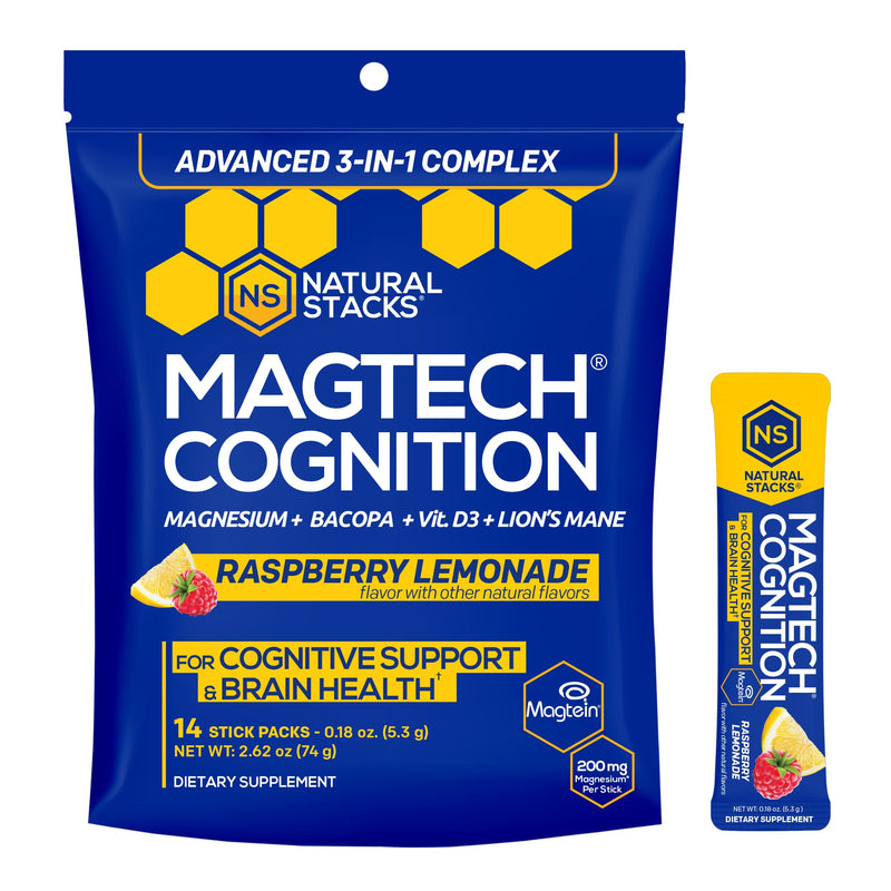 MagTech Magnesium Cognition Powder with Lions Mane Mushroom, 14 Servings | Sugar Free Focus Supplement for Adults - Magtein L-Threonate, Glycinate & Taurate Magnesium Complex - Natural Stacks Cognition (Raspberry Lemonade)