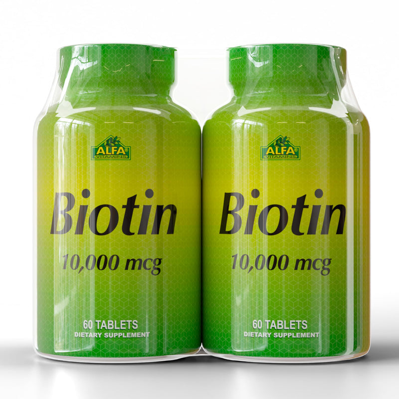 ALFA VITAMINS Biotin 10,000 mcg High Potency Vitamin B7 Supplement for Hair, Skin & Nail Support – 60 Tablets (2-Pack)