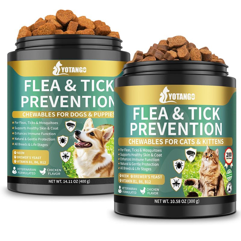 YOTANGO Natural Flea & Tick Support Chews for Cats & Dogs, 2-Pack Bundle for Natural Flea Prevention & Skin Health, 400 Chews Total, Safe & Effective, Plant-Based Formula for All Breeds