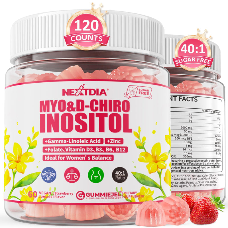 Inositol Gummies for Women + Evening Primrose Oil, Myo & D-Chiro,120Ct | 40:1 Ratio Myo-Inositol Supplement with Vitamin D3 B6 B12 & Zinc, Sugar Free Gummies for Women's Daily Wellness, Vegan 30 Count (Pack of 2)