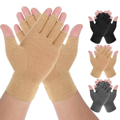 Senkary 3 Pairs Compression Arthritis Gloves Fingerless Carpal Tunnel Pain Relief Gloves for Women Men, Wrist Brace Hand Support for Swelling, Trigger Finger, Crocheting, Typing Black, Grey and Brown