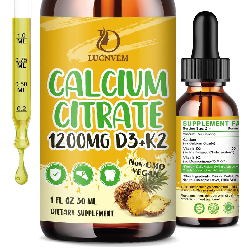Calcium Citrate 1200 mg with Vitamin D3 Liquid Drops for Women & Men, Calcium Citrate with Vitamin D3 & K2 for Bone Muscle & Teeth- 2 Fl oz- 30 Day Vegan Supply 1 Fl Oz (Pack of 2)