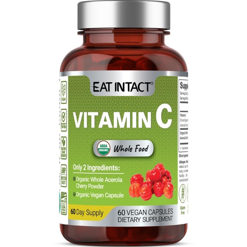 USDA Organic Corn-Free Whole Food Vitamin C, 90mg, Immune & Collagen Support, Freeze-Dried Acerola Cherry, Antioxidant Support, 2 Ingredients, No Fillers, 3rd-Party Tested, 60 Day Supply