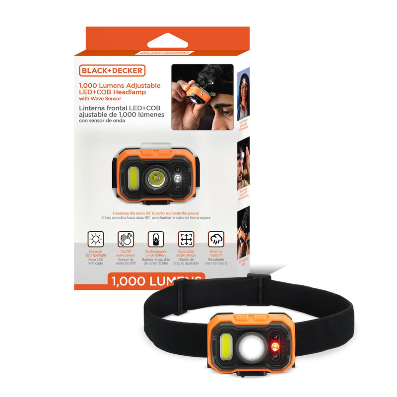 BLACK+DECKER Rechargeable Headlamp with Wave Sensor, Ultra Bright 1,000 Lumens LED Head Light, Adjustable 90° Tilt, 7 Lighting Modes, IP65 Waterproof, Fits Over Helmet, 14 Hour Head Lamp for Camping One Pack