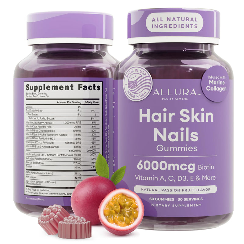 Hair Skin and Nails Vitamins for Women – Extra Strength 6000mcg Biotin Hair Gummies with Marine Collagen, Vitamin E, A, C & PABA for Hair Growth, Healthy Skin & Nails – Made in US, Passion Fruit, 60ct 60 Count (Pack of 1)