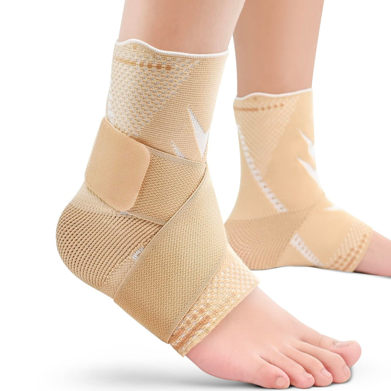 INDEEMAX 3D Ankle Brace for Women & Men, 2 Pack Ankle Compression Sleeve Support Copper Infused Ankle Brace for Sprained Ankle, Plantar Fasciitis Sports, Achilles Tendonitis Pain Relief, Copper Beige, M Medium