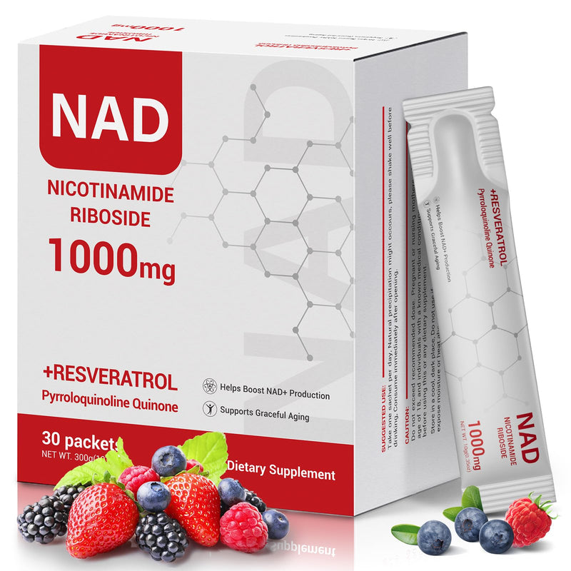 NAD+ Supplement 1000mg – NAD Liquid Stick Packs with Nicotinamide, Resveratrol, PQQ & Quercetin – Berry Flavor – Supports Cellular Energy, Focus & Healthy Aging – 30 Packets