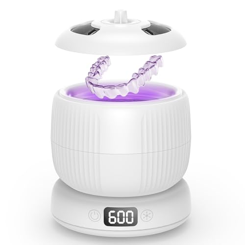 2025 Upgraded Ultrasonic Retainer Cleaner Machine,Separate Retainer Cleaner for Night Guards, Braces, Aligner, Toothbrush, Jewelry, 4 Modes Denture Cleaner & Removable Base and Top Cover(White)