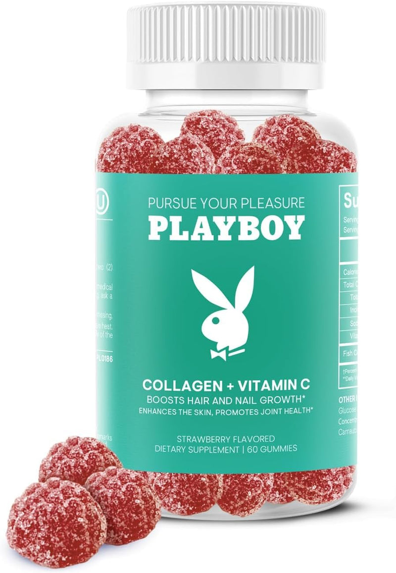 Playboy Collagen Supplements for Women, Vitamin C Gummies, Joints (2 Pack) | Strawberry vitamin C & collagen gummies to help support hair, skin, nails & joint health; Non-GMO, gluten free, 2-pack. 60 Count (Pack of 2)