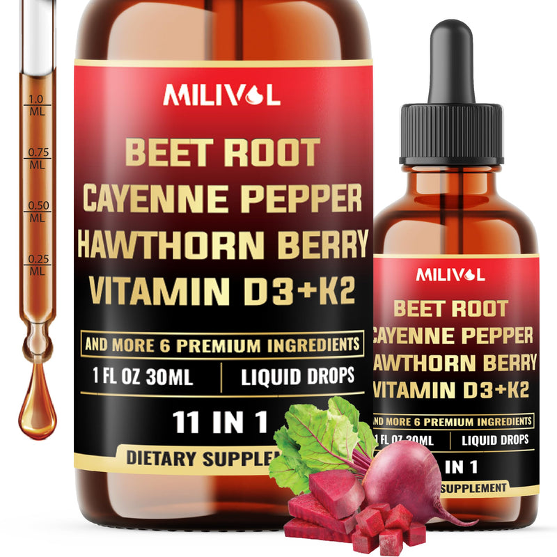 11in1 Beet Root Liquid Drops with Vitamin D3, Vitamin K2, Hawthorn Berry, Cayenne Pepper, Garlic, Hibiscus, Olive, Red Spinach, Green Tea, Ginseng - Digestion Support - 1 Fl Oz - 60 Day Supply