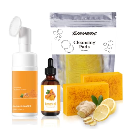Turmeric Wash and Care Kit – Turmeric Face Wash with Brush, Exfoliating Facial Pads, Turmeric Oil and Cleansing Soap Bars– Jabon de Curcuma, Natural Skincare for Face & Body (4PC Set, Count, 4) 4PC Set (Turmeric) 5