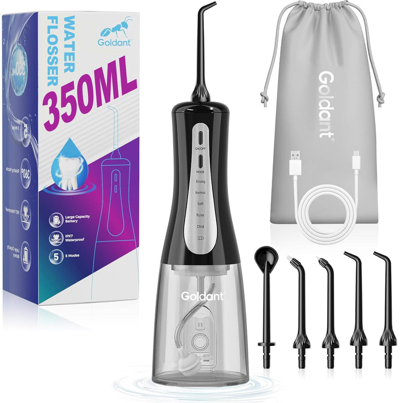 2026 New 350ML Water Dental Flosser Teeth Pick with Bag, 5 Modes Portable Cordless Oral Irrigator Cleaner, Electric Rechargeable IPX7 Waterproof for Home Travel Teeth Cleaning Flossing (Black) Black