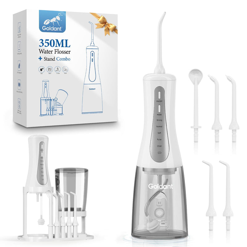2026 New 350ML Water Flosser with Drainage & Storage Stand, Keeps Dry & Clean, 5 Modes, 360°Nozzle, Cordless Rechargeable, IPX7 Waterproof, Portable for Home & Travel (White) White - BeesActive Australia