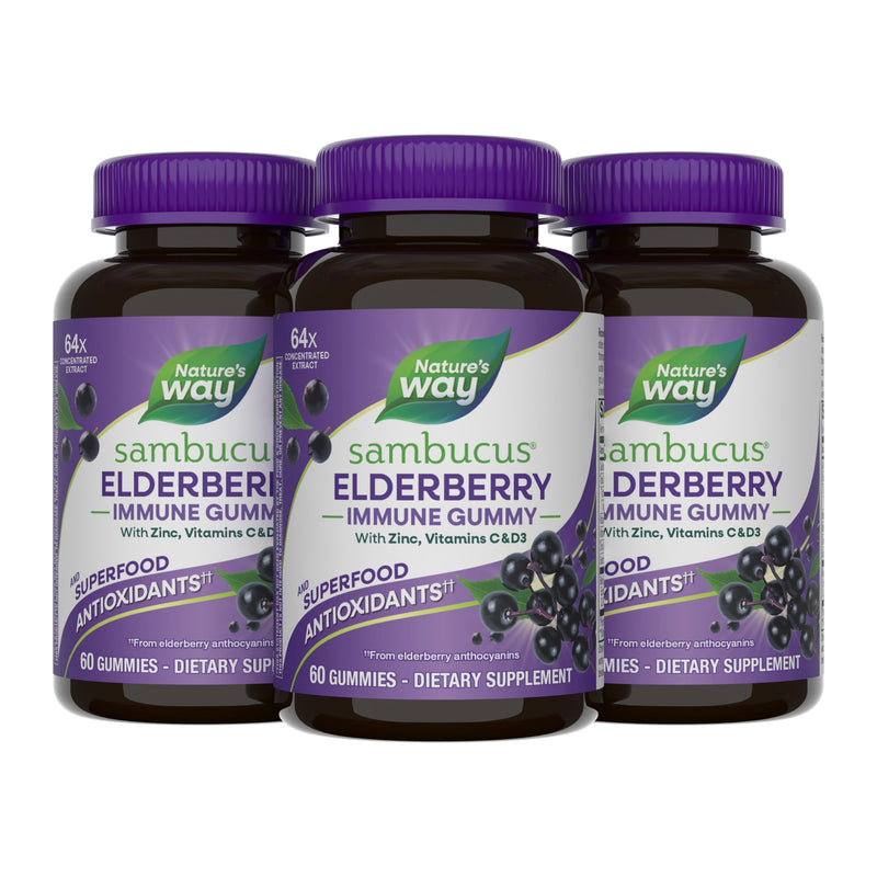 Nature's Way Sambucus Elderberry Gummies, Immune Support Ages 4+, 60 ct x3 | Immune Gummy with Black Elderberry Extract, Vitamin C, D3, Zinc, and Superfood Antioxidants*, Adults & Kids Ages 4+ 60 Count (Pack of 3)