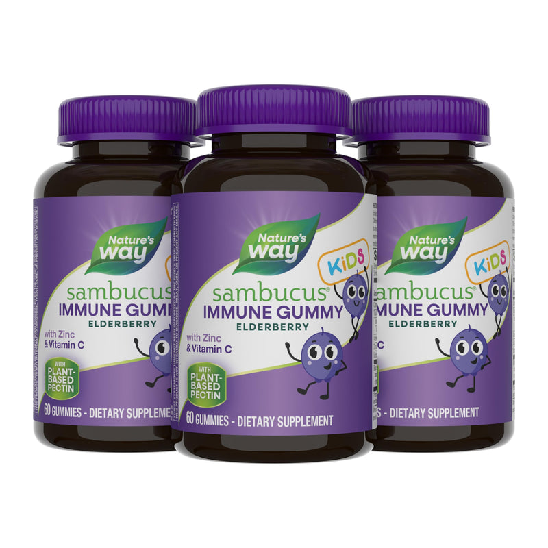 Nature's Way Sambucus Kids Elderberry Immune Gummies, Ages 2+, 60 ct x 3 | Daily Immune Support Gummy with Black Elderberry Extract, Vitamin C and Zinc, for Children Ages 2+*, Set of 3 60 Count (Pack of 3)