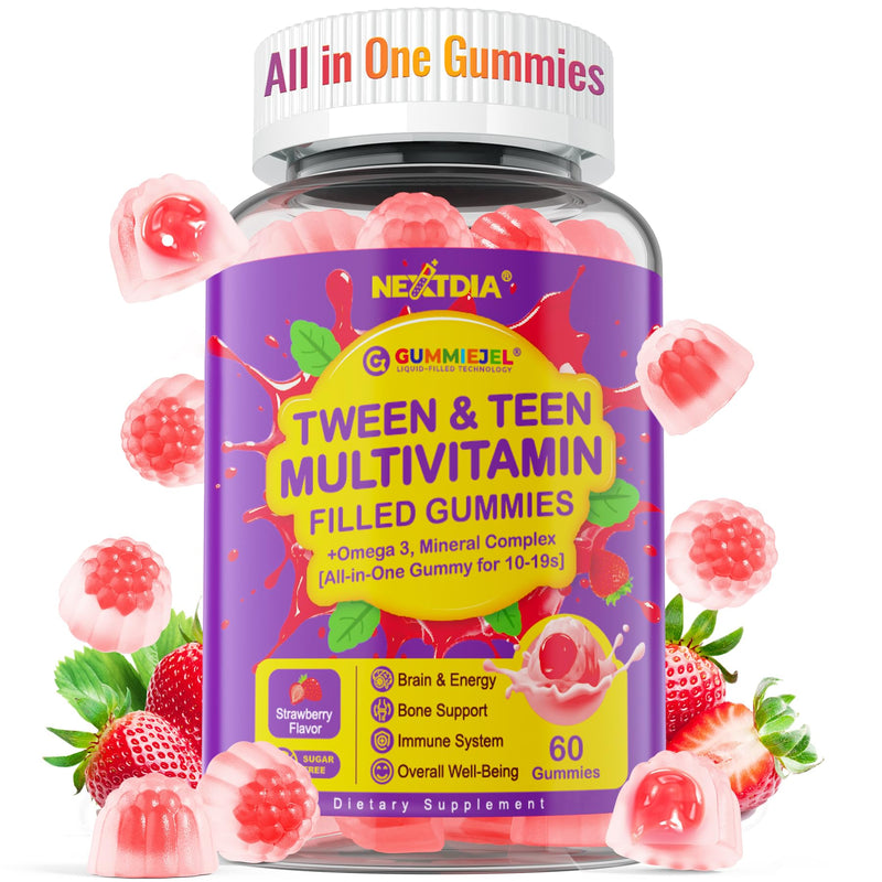 Nextdia Multivitamin Filled Gummies for Teen Boys Girls 12-17, 18, 19, Kids 10+ Multivitamin with Omega 3, Calcium + Magnesium + Zinc, Multi-Minerals for Adolescent 10-19S Brain, Bone, Energy, Immune 60 Count (Pack of 1)