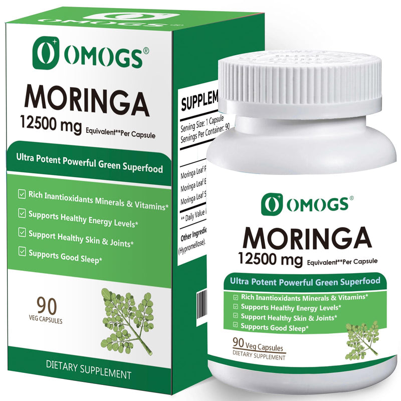 OMOGS Moringa Capsules, Pure Moringa Oleifera Leaf Powder Supplement, Rich Inantioxidants Minerals & Vitamins, for Energy, Metabolism, Immunity & Sleep, Non-GMO, 90 Veg Capsules 1 Count (Pack of 1)