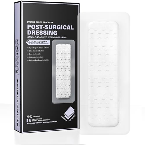 EVERLIT Post-Surgical Dressing | Sterile Waterproof Adhesive Dressing for Post-Operative Wound Care | Hypoallergenic Silicone Coated Bandage for Surgical Incision Pack of 5 (4" x 10") 4" x 10"
