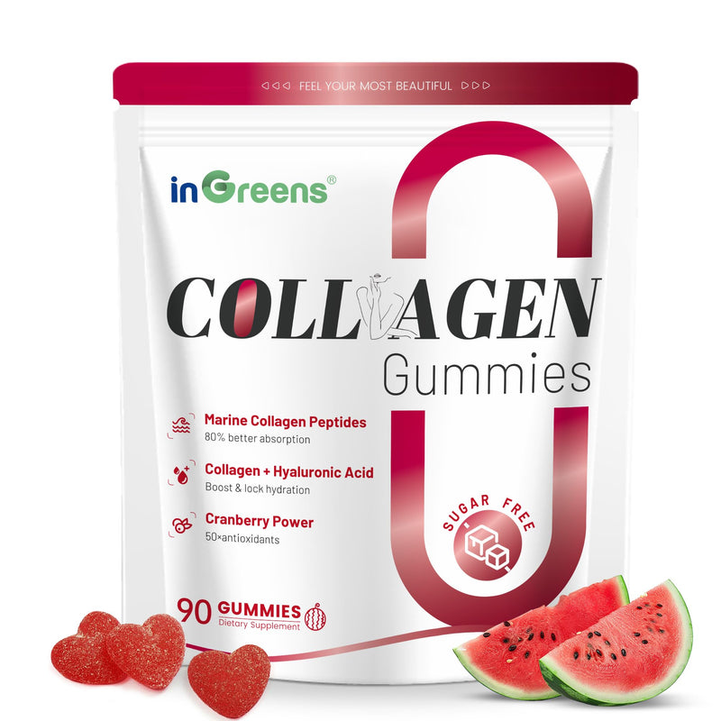 inGreens 5000mg Marine Collagen Gummies, Sugar Free, 90 Count | Hydrolyzed collagen blend with Resveratrol, herbal extracts, and Biotin for daily absorption 90 Count (Pack of 1)
