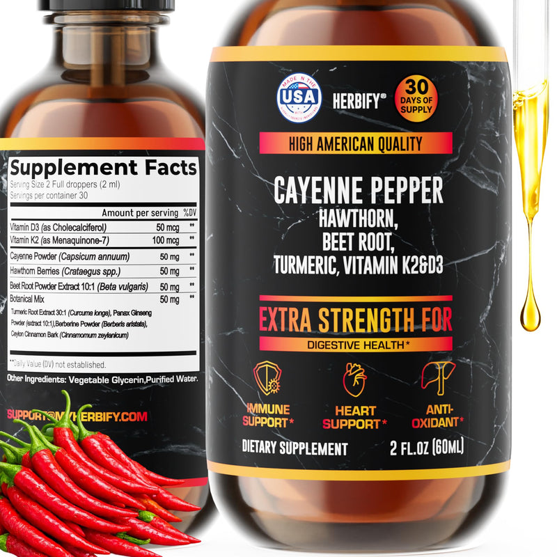 HERBIFY Cayenne Pepper Drops - Immune Support Supplement - Detox & Digestion Support - Cayenne Pepper Hawthorn Beet Root Turmeric Vitamin K2 D3 - Energy Supplements Extract - 2 Fl Oz - Made in USA