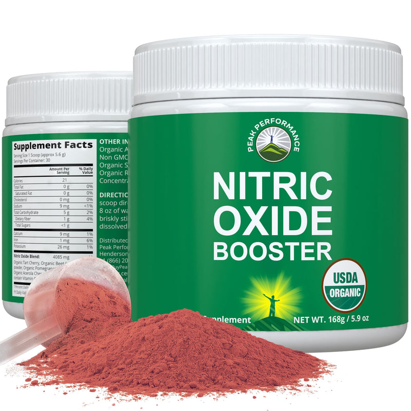 Peak Performance USDA Organic Plant Based Nitric Oxide Booster Powder | Supplement for Men & Women. Caffeine Free 5 Top Ingredients, Beet Root, Tart Cherry, Acerola Cherry, Pomegranate, Red Ginseng