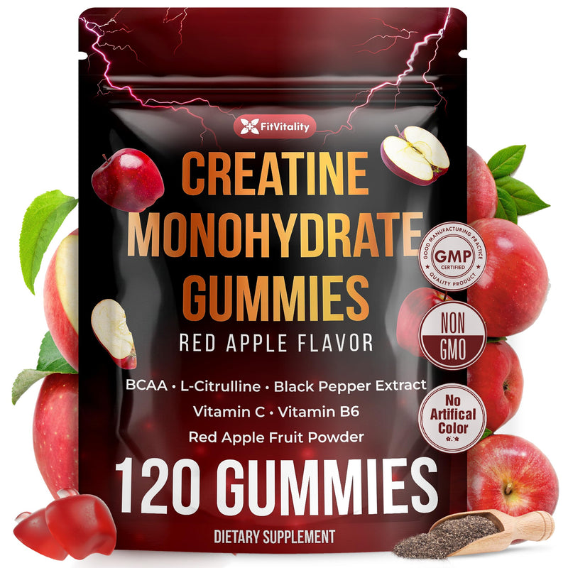 120 Creatine Monhydrate Gummies. W/ Vitamin C & B6, Black Pepper, Red Apple | Vegan, Non-GMO, Sugar-Free. Creatine Monohydrate Gummies 120 Count (Pack of 1)
