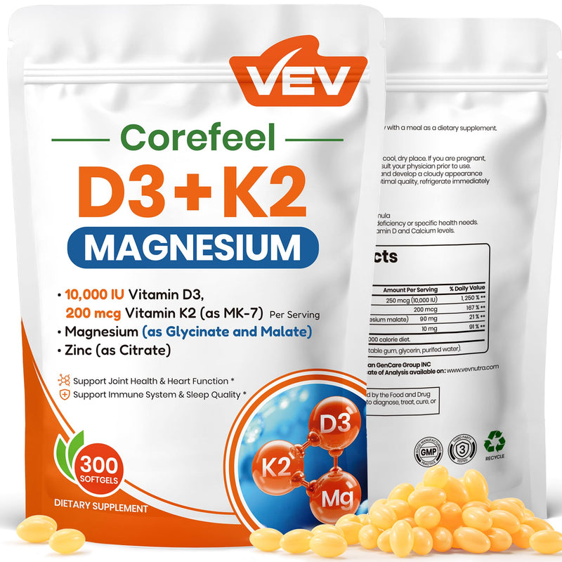 VEV Corefeel Vitamin D3 K2 10,000 IU Magnesium Supplement, 300 Softgels | Vitamin K2 as MK-7, Coconut Oil, Magnesium Glycinate & Malate, Zinc Citrate 300 Count (Pack of 1)