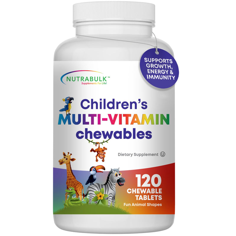 NutraBulk Children’s Chewable Multi-Vitamins - Promoting Kids' Overall Development - USA-Made, May Help to Support Immune, Bone, Brain & Overall Well Being- Vegan & Gluten Free - 120 Cherry Tablets | Fun Animal Shapes & Fruity Flavors, No Artificial Dy...