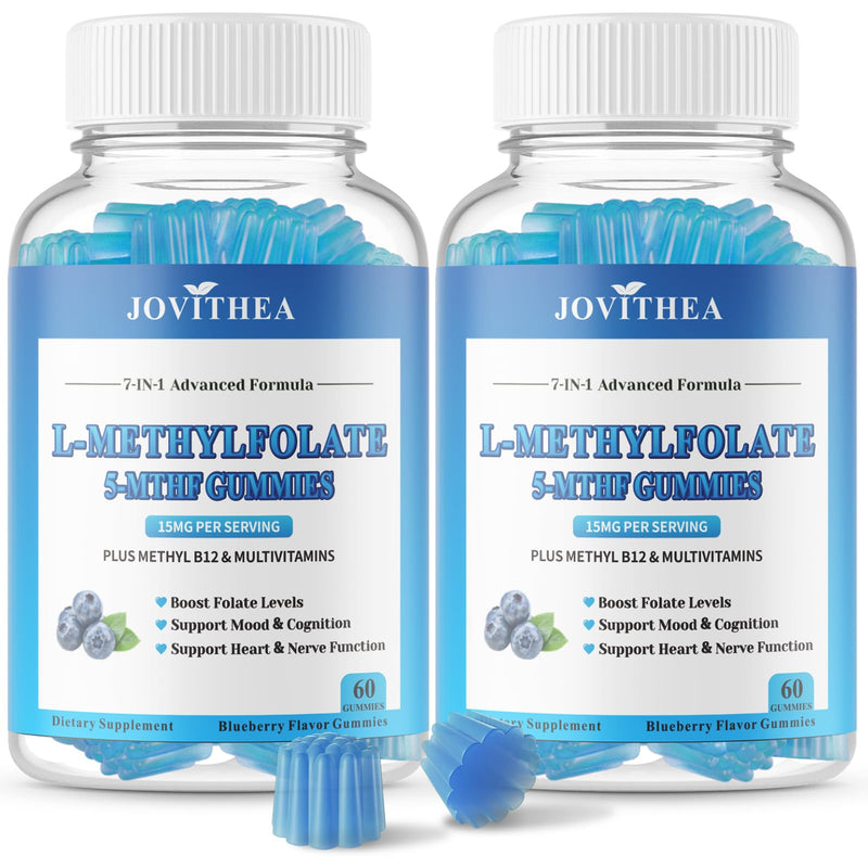2 Pack L-Methylfolate 15mg Gummies with Methyl B12, Folate 5-MTHF Supplement for Mood, Brain Health, Cognition & Immunity, Sugar Free, Vegan, Non-GMO, 120 Count 60 Count (Pack of 2)