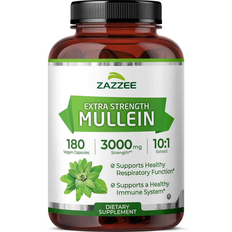 Zazzee Extra Strength Mullein Leaf 10:1 Extract, 180 Vegan Capsules | 6 Month Supply, Respiratory & Lung Support, Certified Kosher, 100% Pure Leaf Powder, Verbascum Thapsus, Non-GMO, Made in USA 180 Count