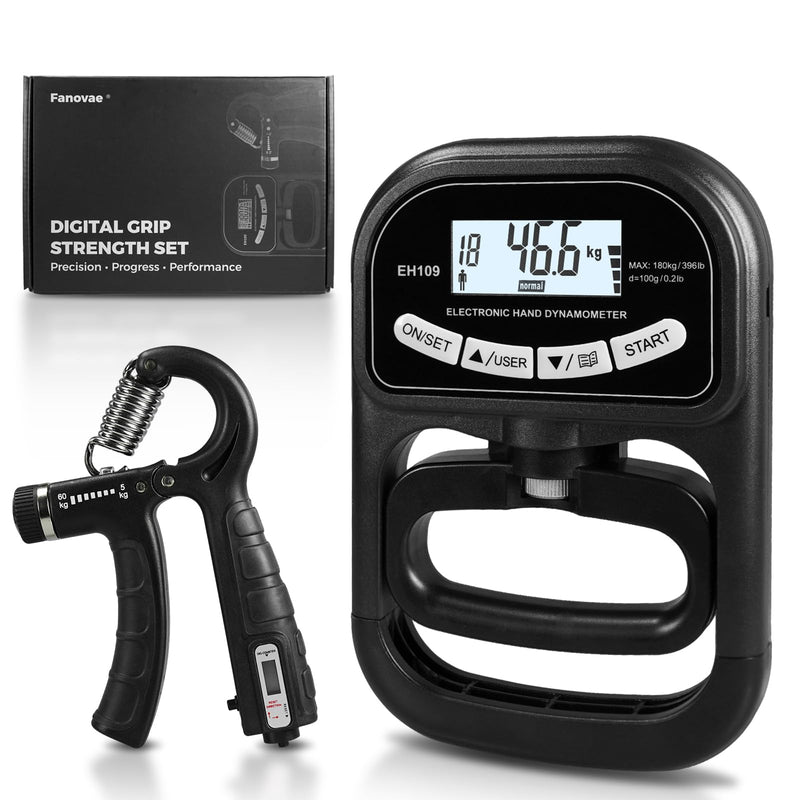 Digital Grip Strength Tester & Trainer Set – LCD Hand Dynamometer with 19-User Memory, USB or Battery Powered + Electronic Grip Exerciser with 1-Touch Reset – Fitness Gift for Men