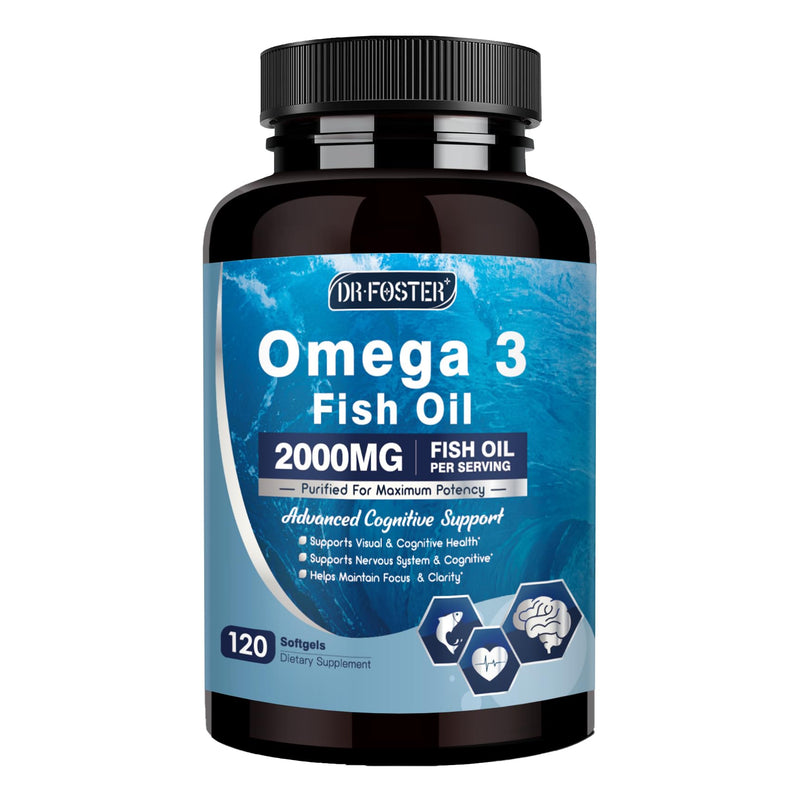 DRFOSTER Omega-3 Fish Oil 2000mg, 120 Softgels | Extra-Strength DHA + EPA, PS & Vitamin E, Brain, Cognition, Heart Health, Sustainably Sourced 120 Count (Pack of 1)