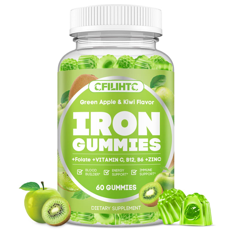 Center-Filled Iron Gummies for Adults & Kids - Iron Supplement with Vitamin B6, B12, C, Zinc, Folate - Support Women Iron Deficiency, Anemia, Blood Builder - Sugar Free Vegan 60ct Apple & Kiwi Flavor 60 Count (Pack of 1)
