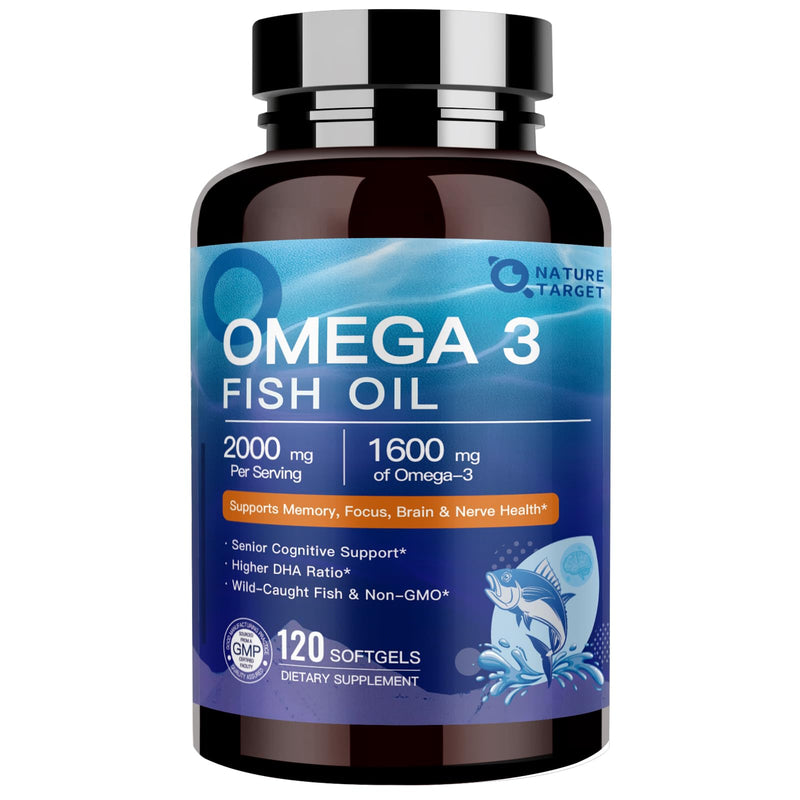 NATURE TARGET Omega 3 Fish Oil 2000mg, 120 Softgels | High-Purity EPA DHA with PS & CoQ10, Heart Health & Brain Function Support, Advanced Absorption, Non-GMO 120 Count (Pack of 1)