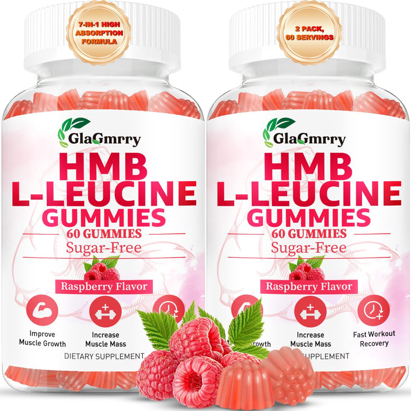 2 Pack HMB and Leucine Gummies HMB Supplements for Men & Women, Vegan | HMB & Leucine Amino Acid for Muscle Growth, Muscle Relief, Sugar Free, Non-GMO, Raspberry Flavor, 120 Count 60 Count (Pack of 2)