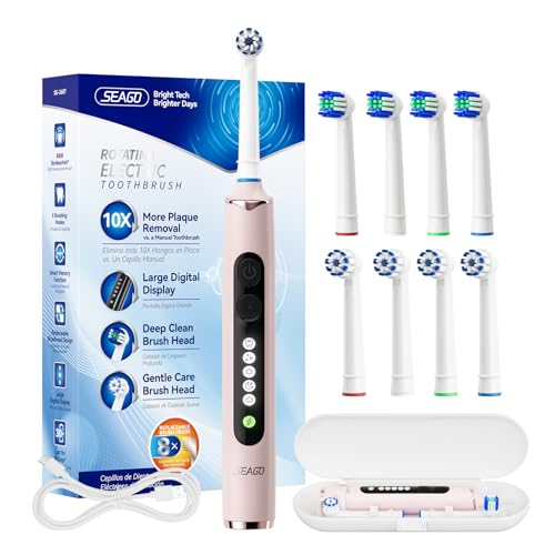 SEAGO Rotating Electric Toothbrush for Adults, 8 Heads, Rechargeable Pink 1 Count (Pack of 1)