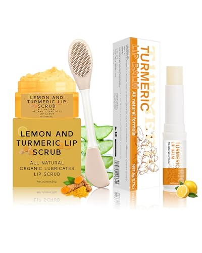 3Pcs Turmeric Lemon Lip Scrub and Turmeric Lip Balm Hydrating & Nourishing Lip Care kit, Exfoliating Lip Scrub with Aloe Vera For Dark Lips,Long-Lasting Natural Balm Moisturizer for Dry, Cracked Lips Set A