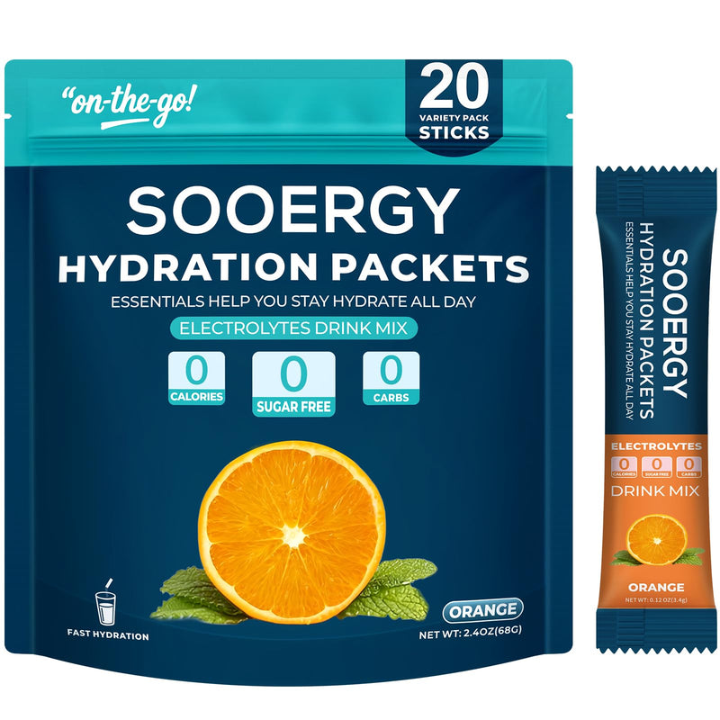 Electrolytes Powder Packets Sugar Free Hydration Packets, Liquid Daily IV Electrolyte Drink Mixex for Rehydration with Electrolytes, Vitamins, 0 Calorie, Orange Flavor, 20 Sticks 20 Servings (Pack of 1)