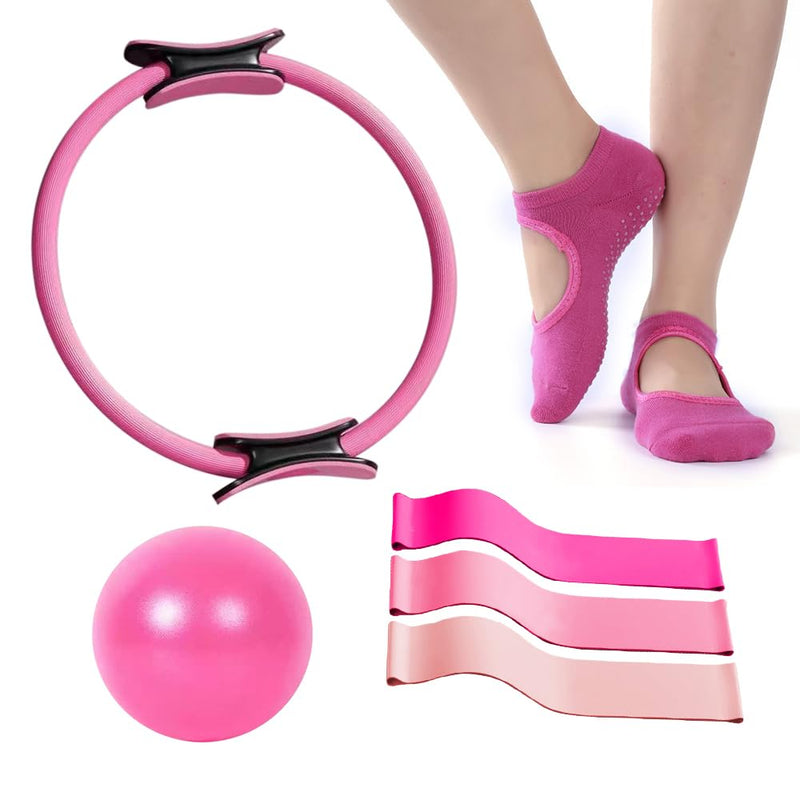 Pilates Ring and Ball Set, 6 Pcs Home Pilates Kit with 13” Circle Circle Yoga Ring 3 Resistance Bands 9.8” Pilates Ball Pilates Grip Socks, Pilates Essential Kit for Women Girl Home Workouts