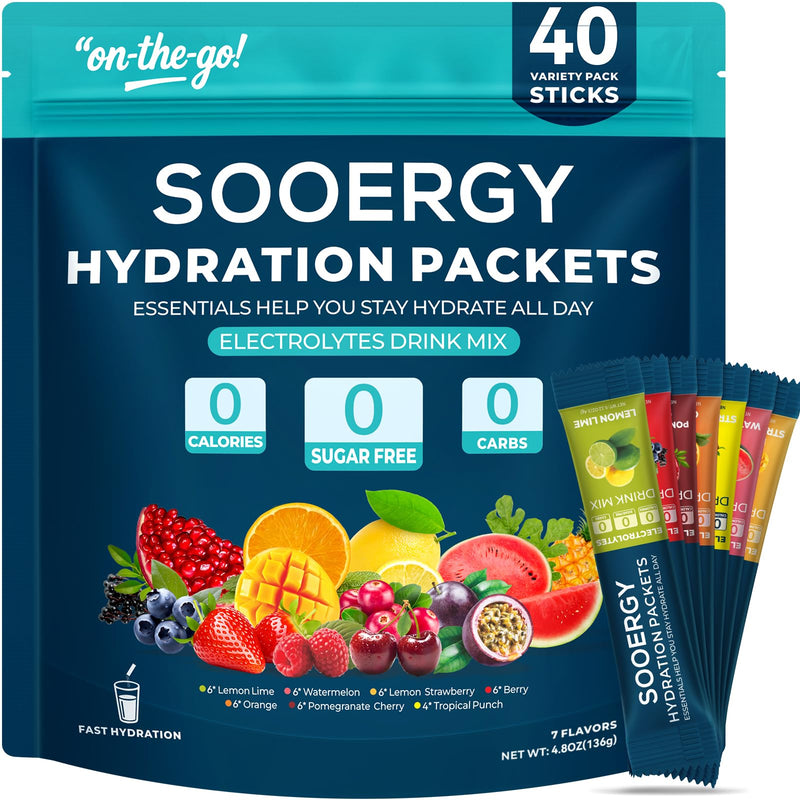 Electrolytes Powder Packets Sugar Free Hydration Packets, 7 Flavors Liquid Daily IV Electrolyte Drink Mixex for Rehydration with Electrolytes, Vitamins, 0 Calorie, 40 Sticks Variety Pack 0.06 Ounce (Pack of 40)