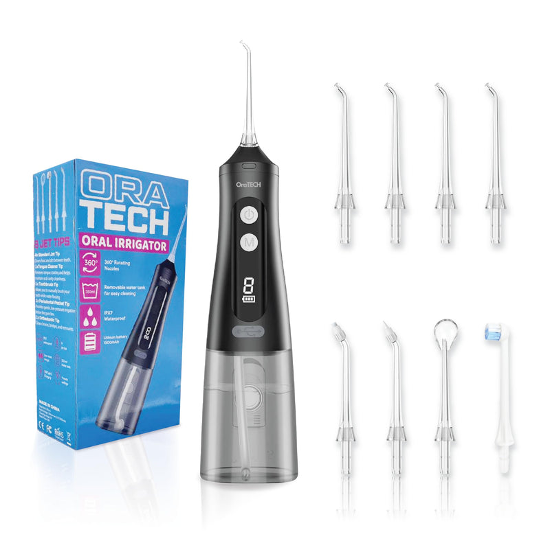 OraTECH Water Dental Flosser, Portable Cordless Oral Irrigator 350ML Rechargeable Travel IPX7 Waterproof Electric Flossing for Teeth Cleaning (Black) Black