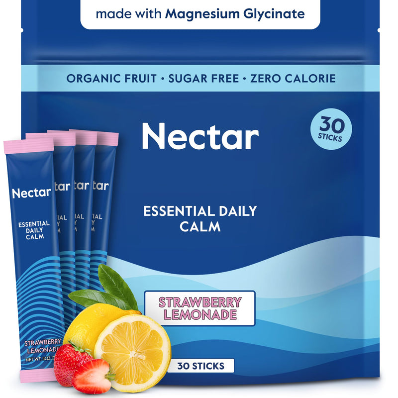 Nectar Calm Magnesium and Ashwagandha Drink Mix - Sugar Free Cortisol Reducer* & Sleep Aid - with Vitamin D, L-Theanine, Electrolytes - Deep Sleep, Relax, Focus & Calm (Strawberry Lemonade 30 Sticks) Strawberry Lemonade 30 Servings (Pack of 1)
