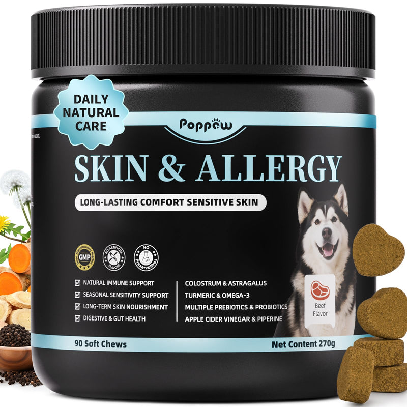Dog Allergy Relief Soft Chews - Immune Supplement for Seasonal Allergies - Support Paw Licking & Itch Relief, Skin & Gut Health with Probiotics, Omega-3 - Beef Flavor, 90 Count
