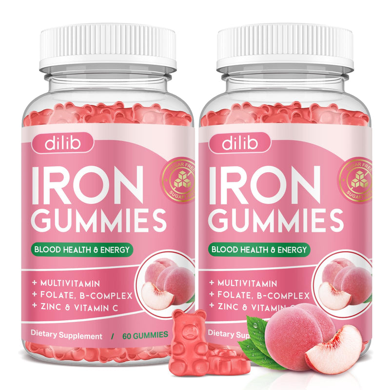Iron Gummies with Multivitamin, Iron Supplement for Women & Men, Kids Multivitamin with Zinc, Vitamin B Complex & C, B12, Folate - Blood Builder, Energy Support, Peach Flavor, Vegan 120 Gummies 60 Count (Pack of 2)