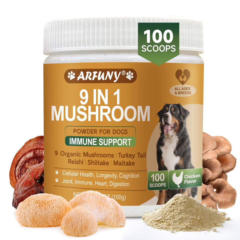 Mushroom for Dogs - Turkey Tail for Dogs - 9 Organic Mushroom Supplement with Turkey Tail, Reishi, Lions Mane - Hip & Joint, Skin & Coat, Digestive, Cellular, Immune Health Support - Chicken Flavor