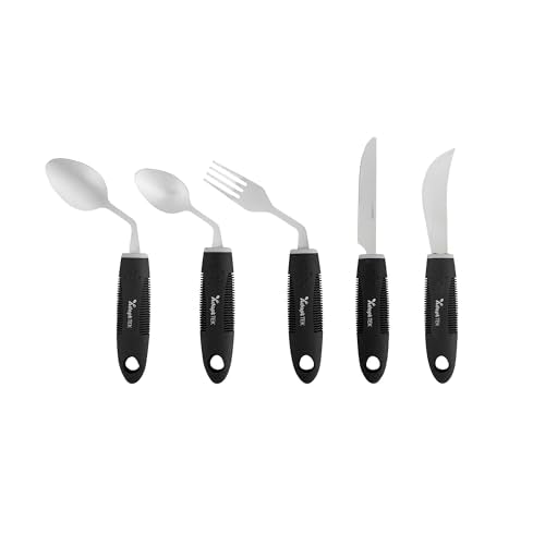Restaurantware Adaptive Utensils - 1 count Stainless Steel, 9.84 x 5.12 x 1.57 Inches, Ergonomic Eating Aids, Non-Slip Utensil Set for Arthritis, Secure Grip Design, Black 5-Piece, Right Hand