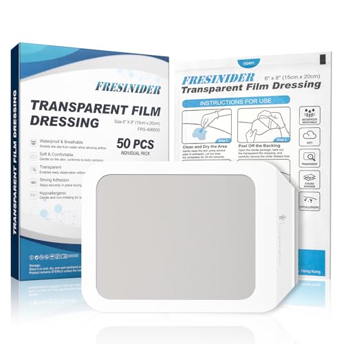 FRESINIDER Transparent Film Dressing 6” x 8” (50 Pack) – Large Waterproof Shower Bandages, Breathable Clear Wound Cover with Border for IV Shield, Post-Surgery Care & Tattoo Aftercare 6" x 8" 50