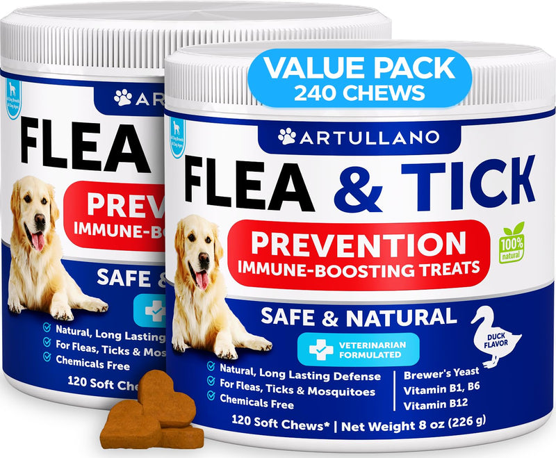 Flea and Tick Prevention for Dogs Chewables - Made in USA - Natural Flea and Tick Supplement for Dogs - 240 Immune Support Chews (2 Pack) - Vitamins B1, B6, B12 - All Breeds and Ages 240 chews