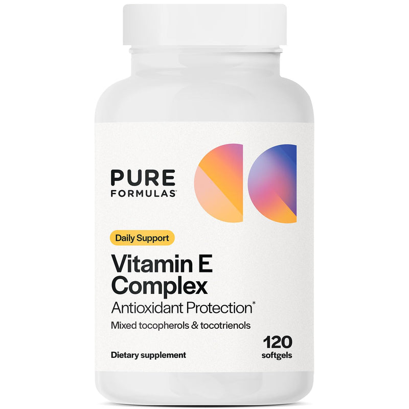 PureFormulas Vitamin E Complex, Full-Spectrum Vitamin E for Cardiovascular and Immune Support, Gamma-tocopherol Rich Antioxidant, Gluten-Free & Kosher, 120 Softgels for Antioxidant Protection